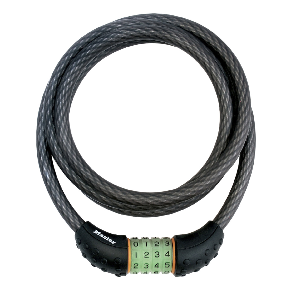 Antifurt Master Lock cablu spiralat cu cifru iluminat 1.8m x 12mm Negru 1.8m